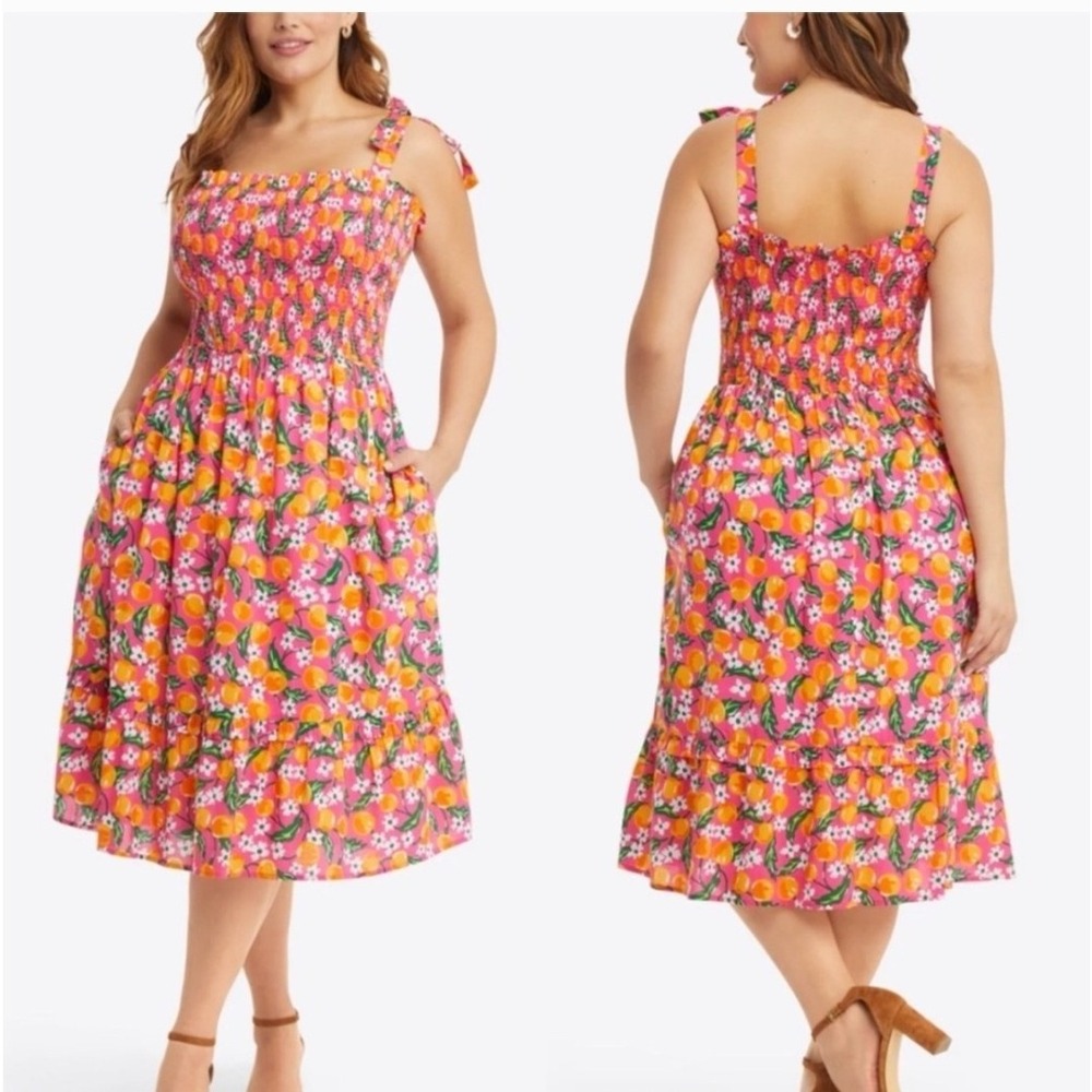 Draper James Women's Kimberly Smocked Midi Dress Size 2X Orange Blossom Ruffles